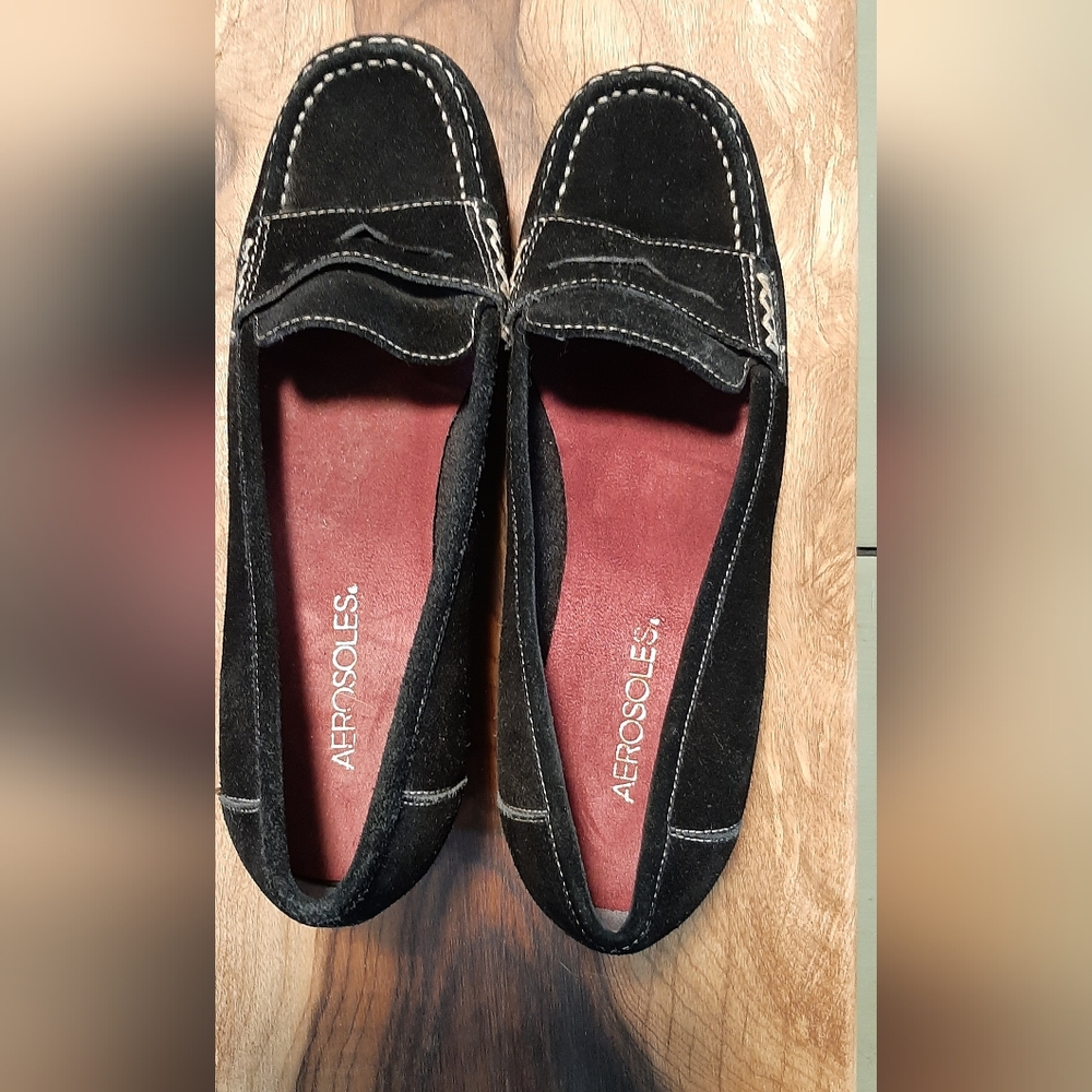 Aerosoles Black Luvbird Suede Wedge Loafers Size 7.5M